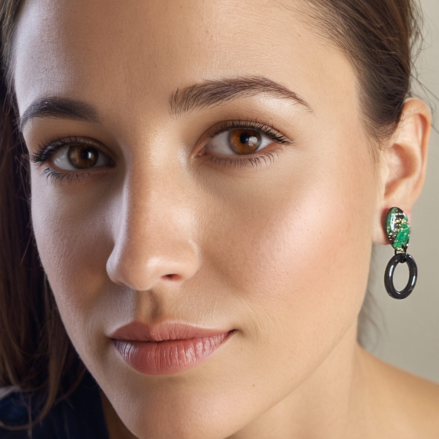 dangling-hoop-polymer-clay-earrings-emerald-orbit-model-view