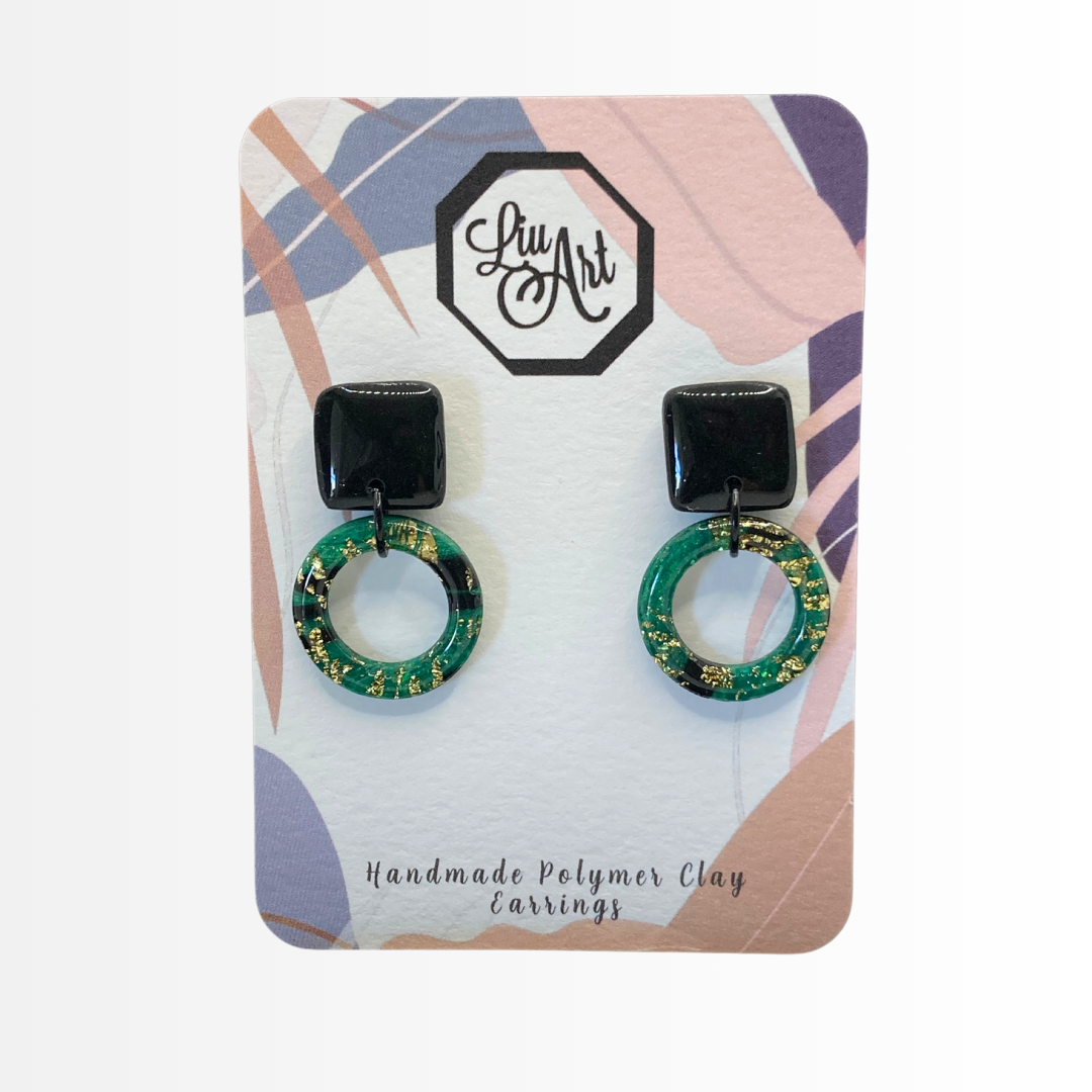 dangling-hoop-polymer-clay-earrings-emerald-noir-front-view