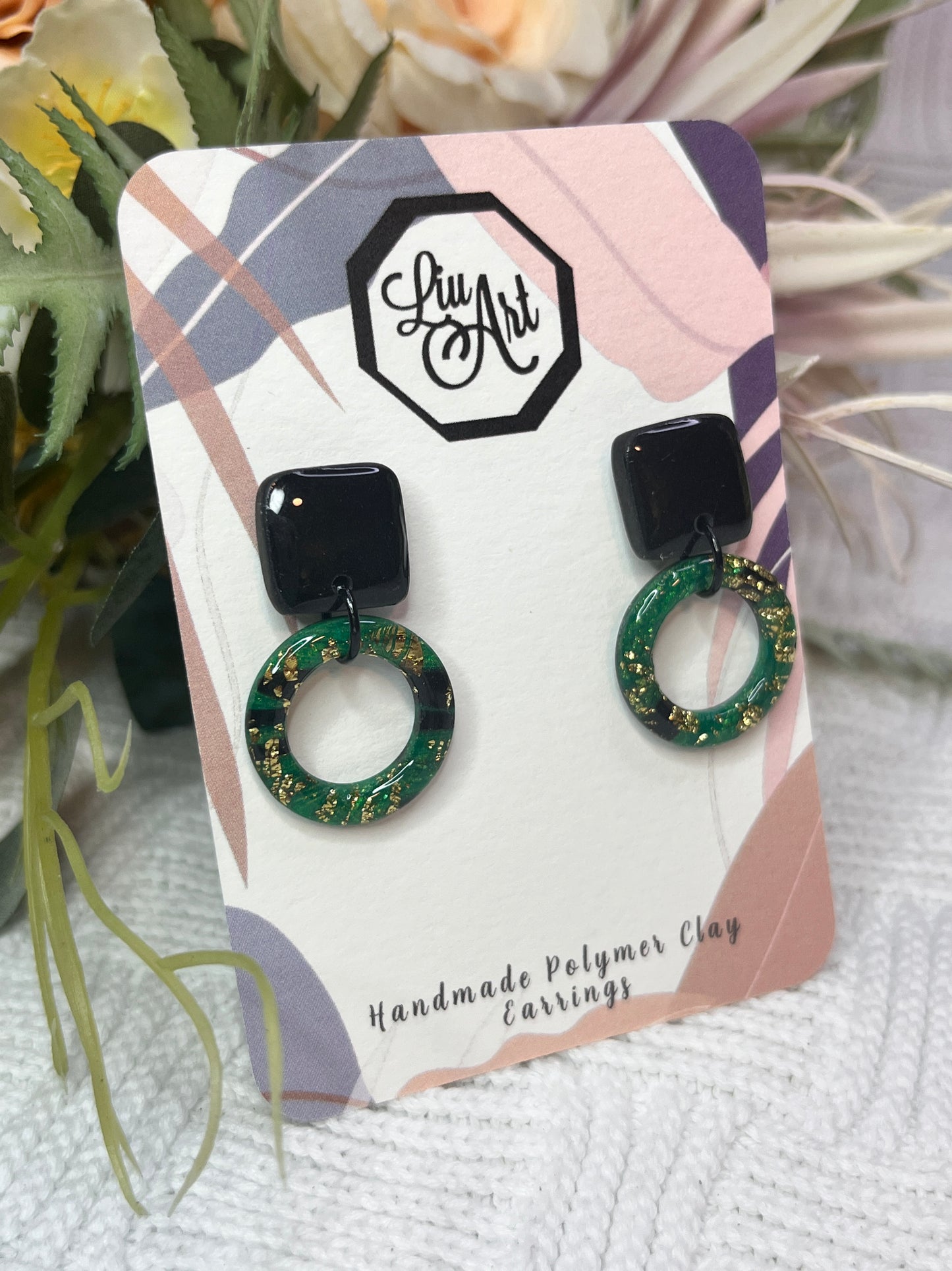 dangling-hoop-polymer-clay-earrings-emerald-noir-perspective-view