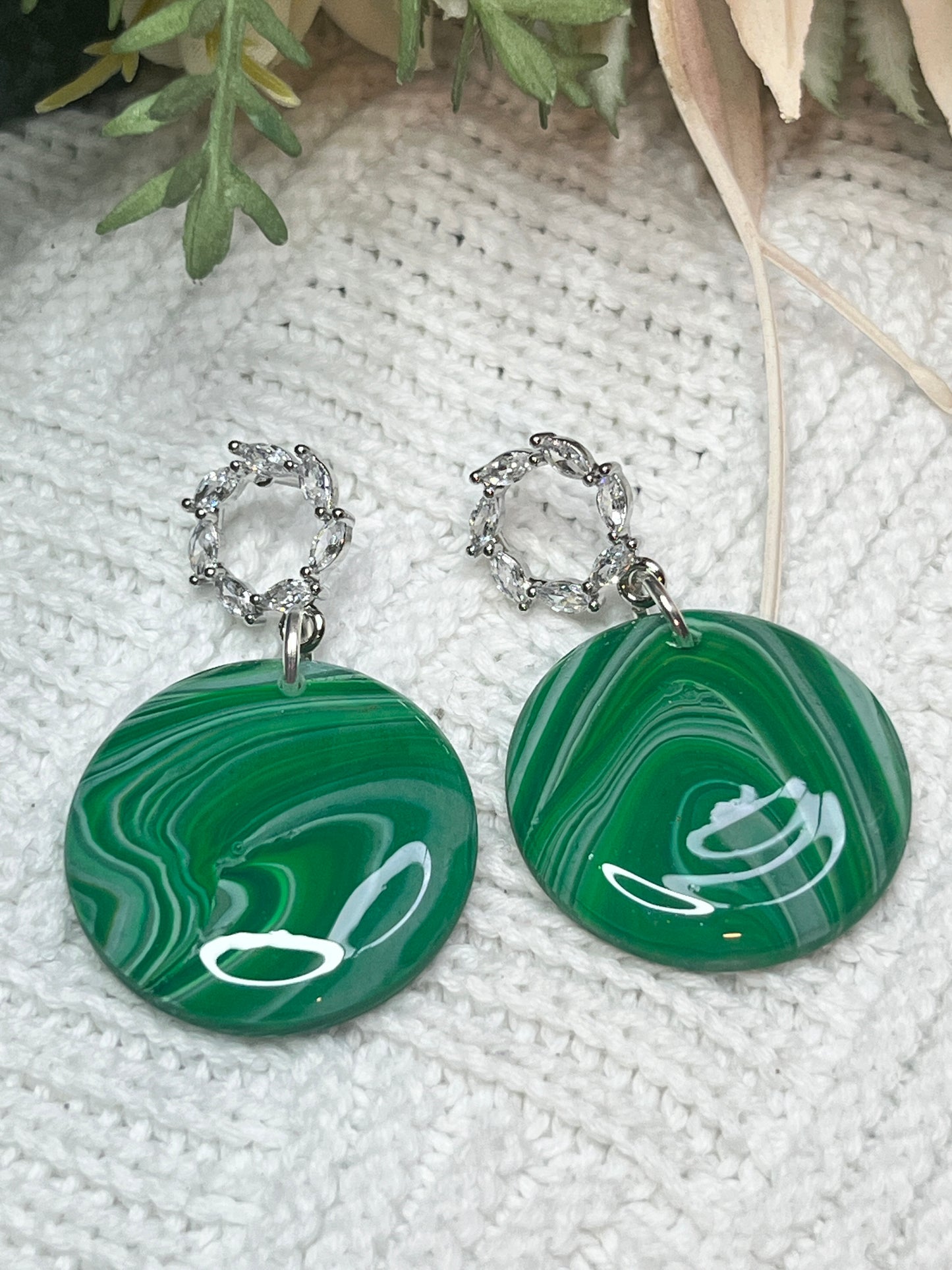 dangling-stud-polymer-clay-earrings-green-close-view
