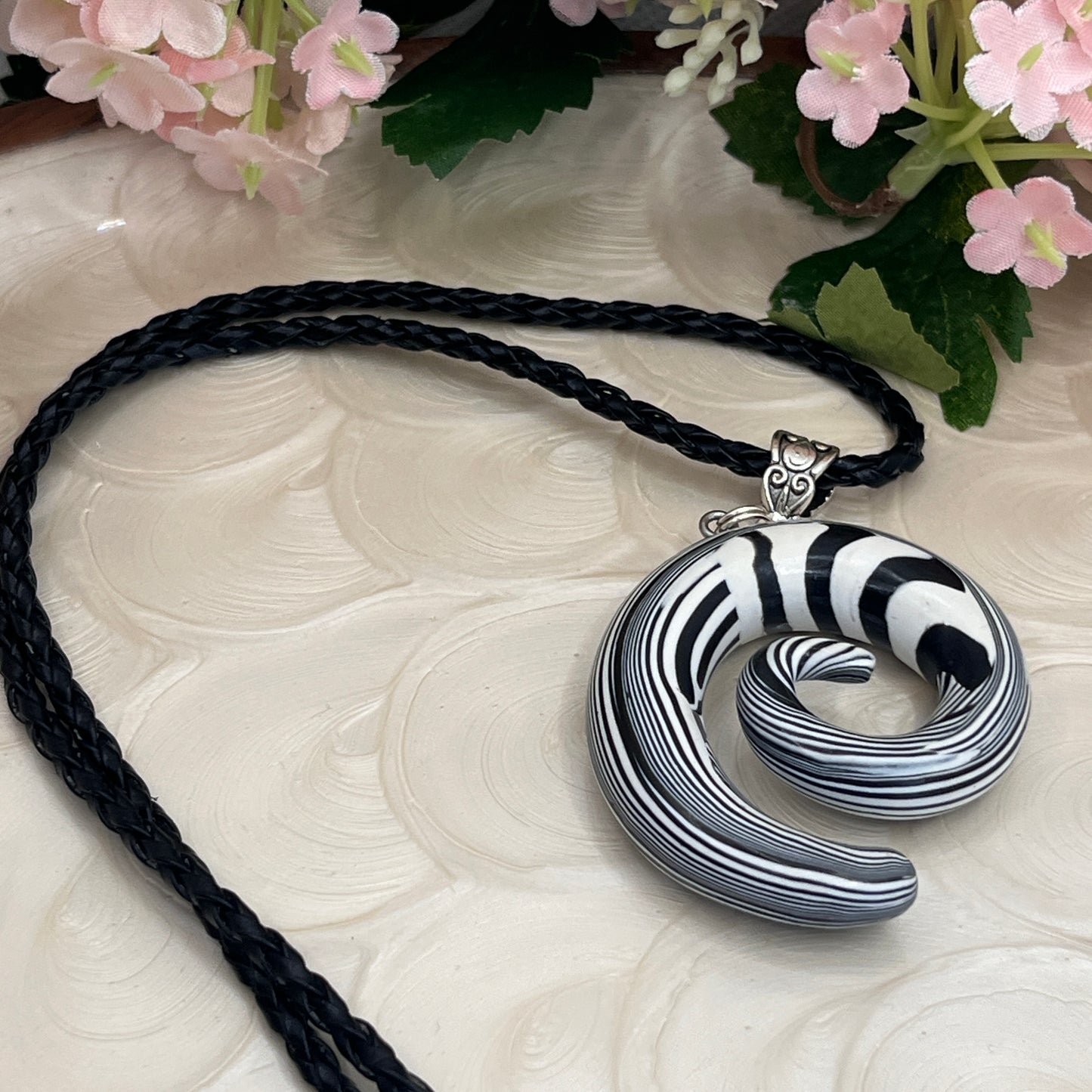 Polymer Clay Black & White Spiral Necklace