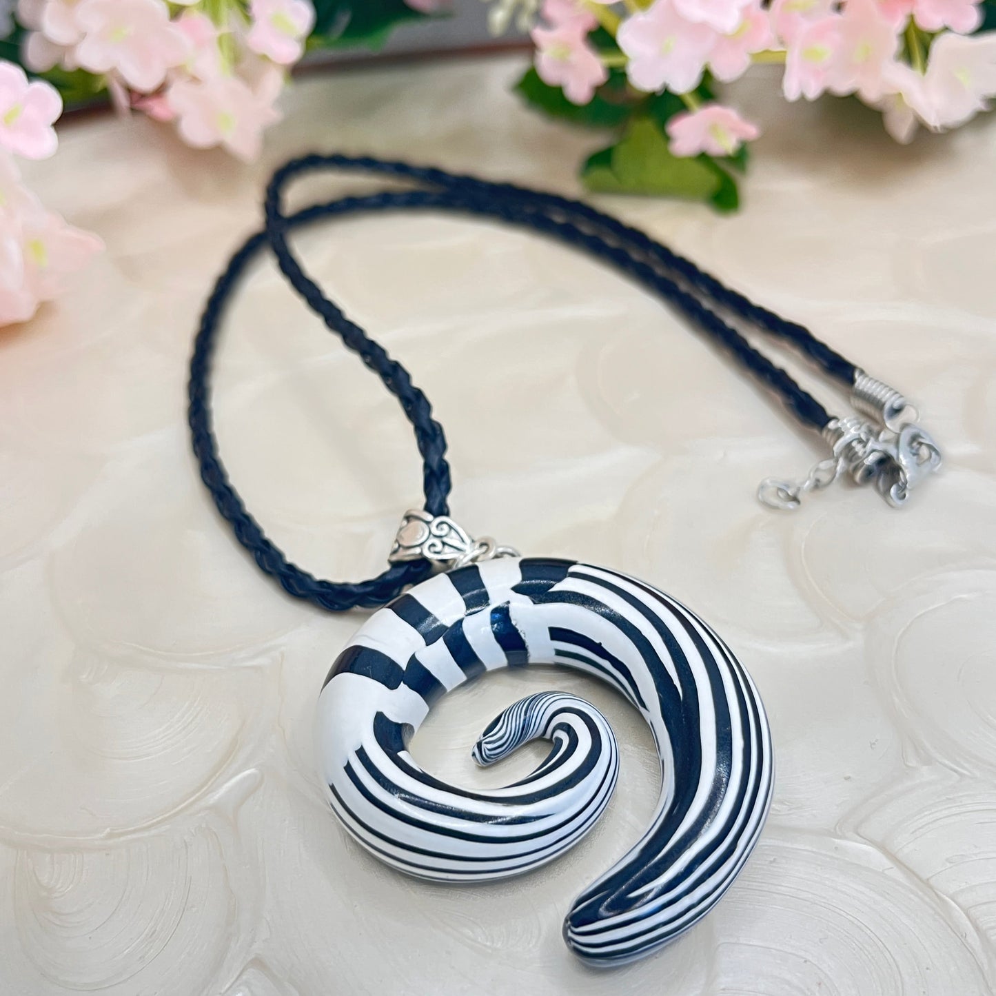 Polymer Clay Black & White Spiral Necklace