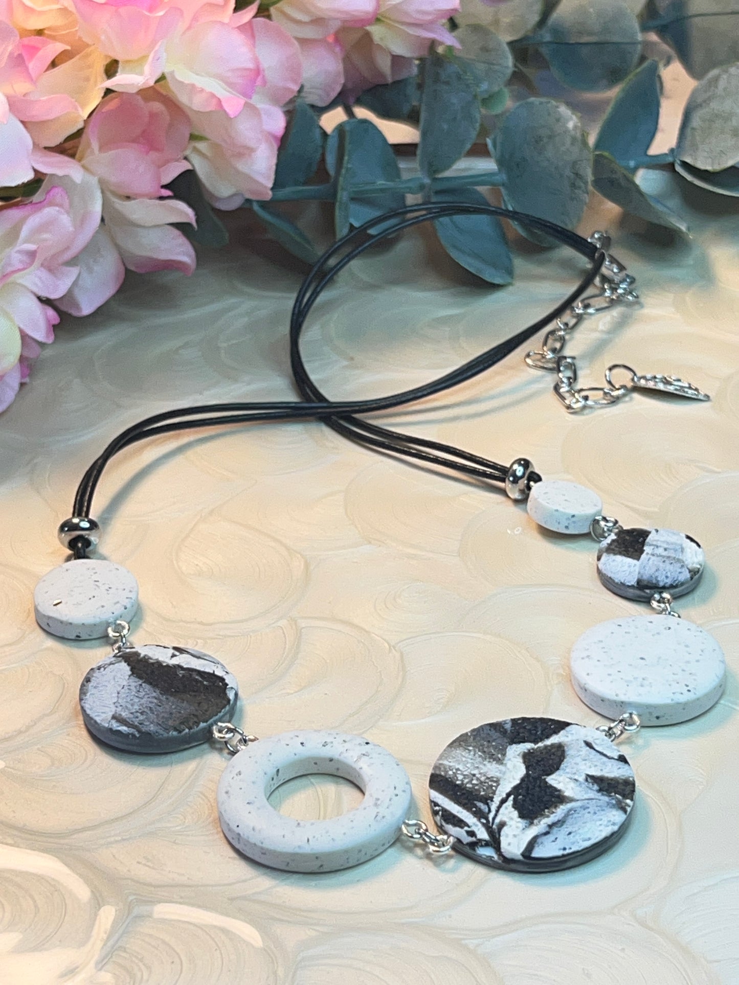 Polymer Clay Textured White & Charcoal Necklace
