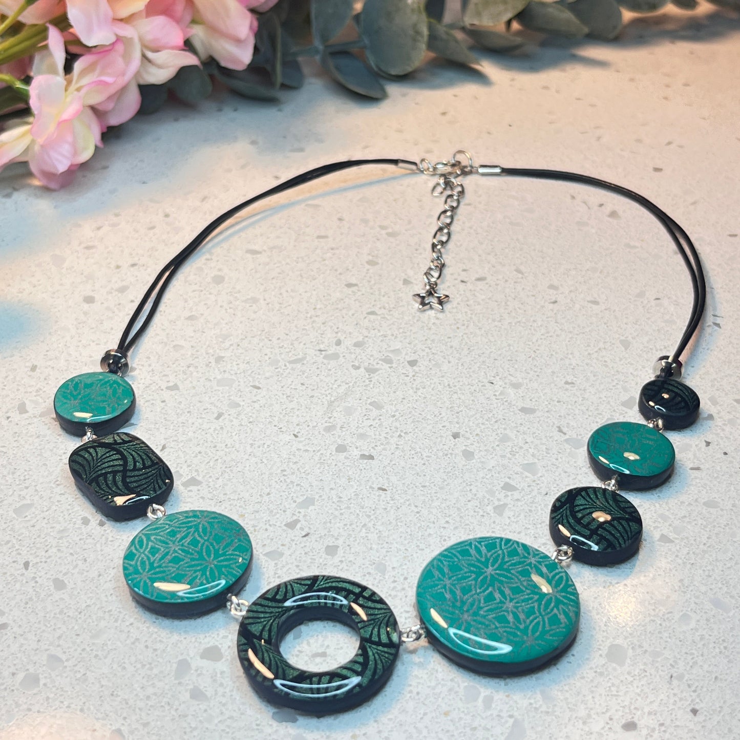 Polymer Clay Green & Black Patterned Necklace