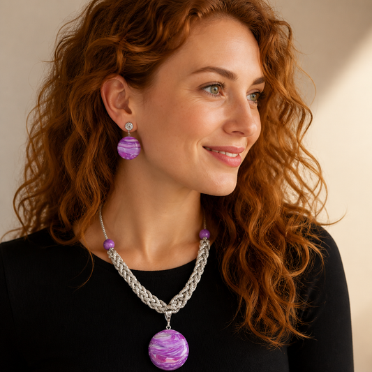 A woman with curly red hair is shown in profile wearing a silver chain necklace with a large purple marbled pendant and matching drop earrings.