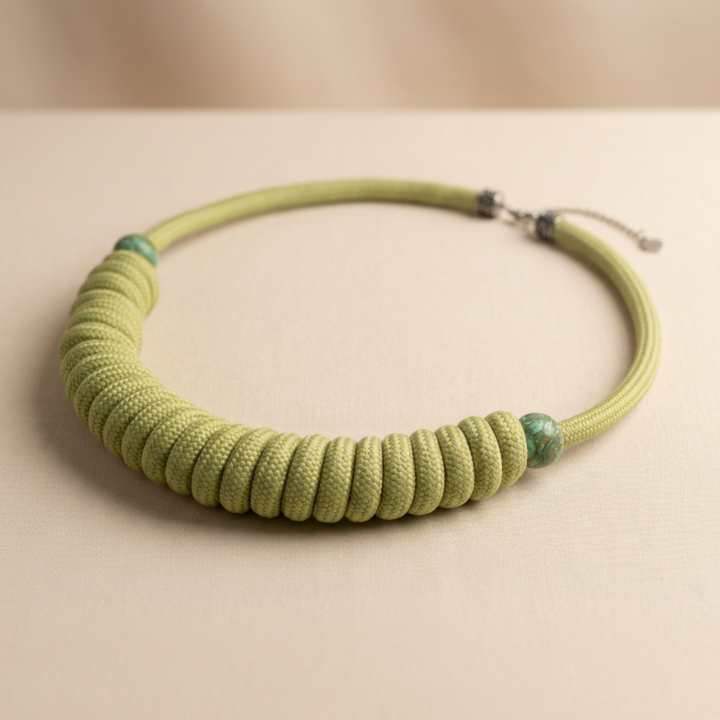 A light green coiled cord necklace with small green beads and silver-toned clasp hardware, displayed on a neutral beige surface.