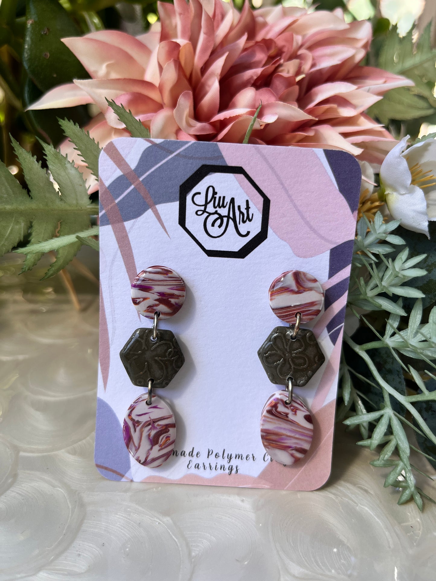 Elegant Concrete Hex Polymer Clay Earring - front view 2