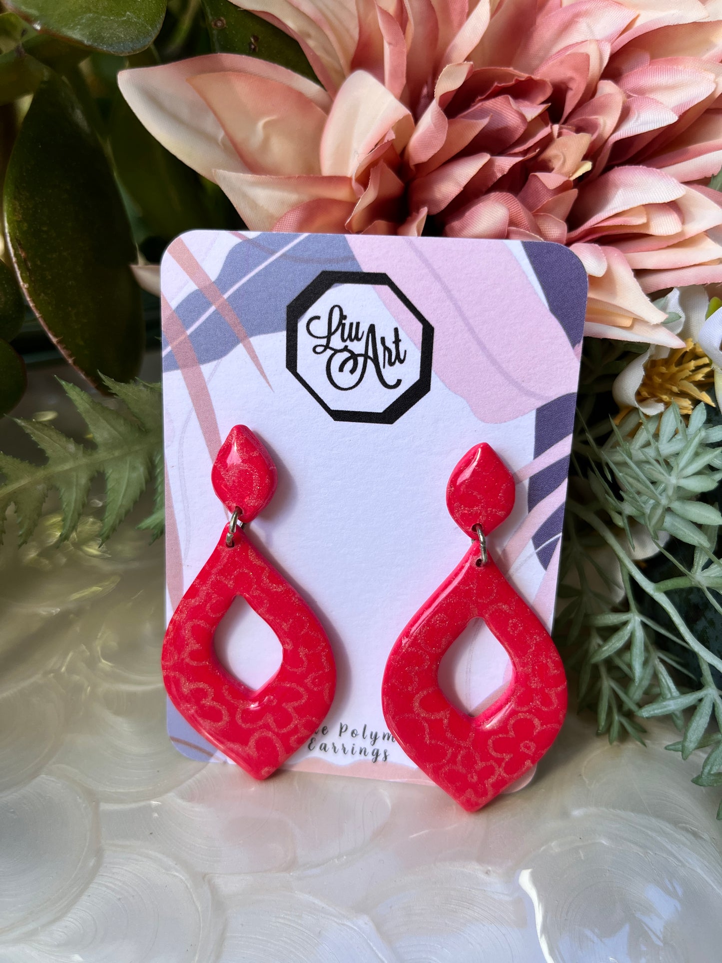 Raspberry Teardrop Polymer Clay Earring - front view 2