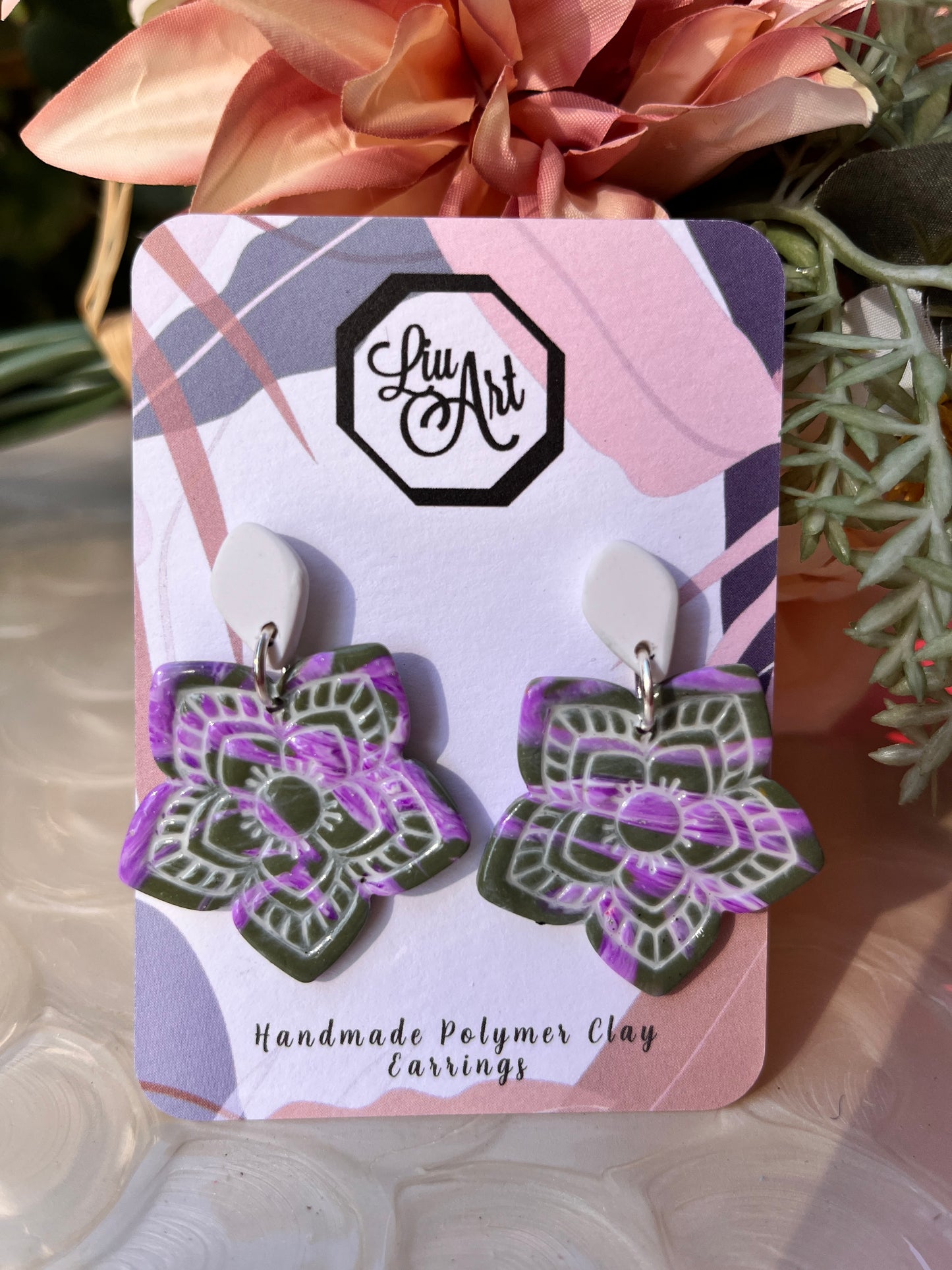 Floral Art Polymer Clay Earring - front view 2