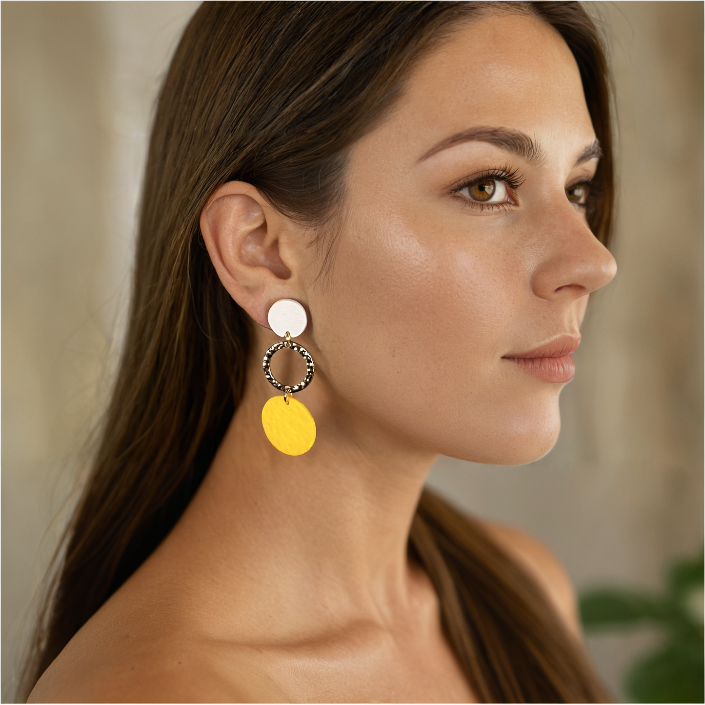 Yellow Playful Polymer Clay Earring - model pose