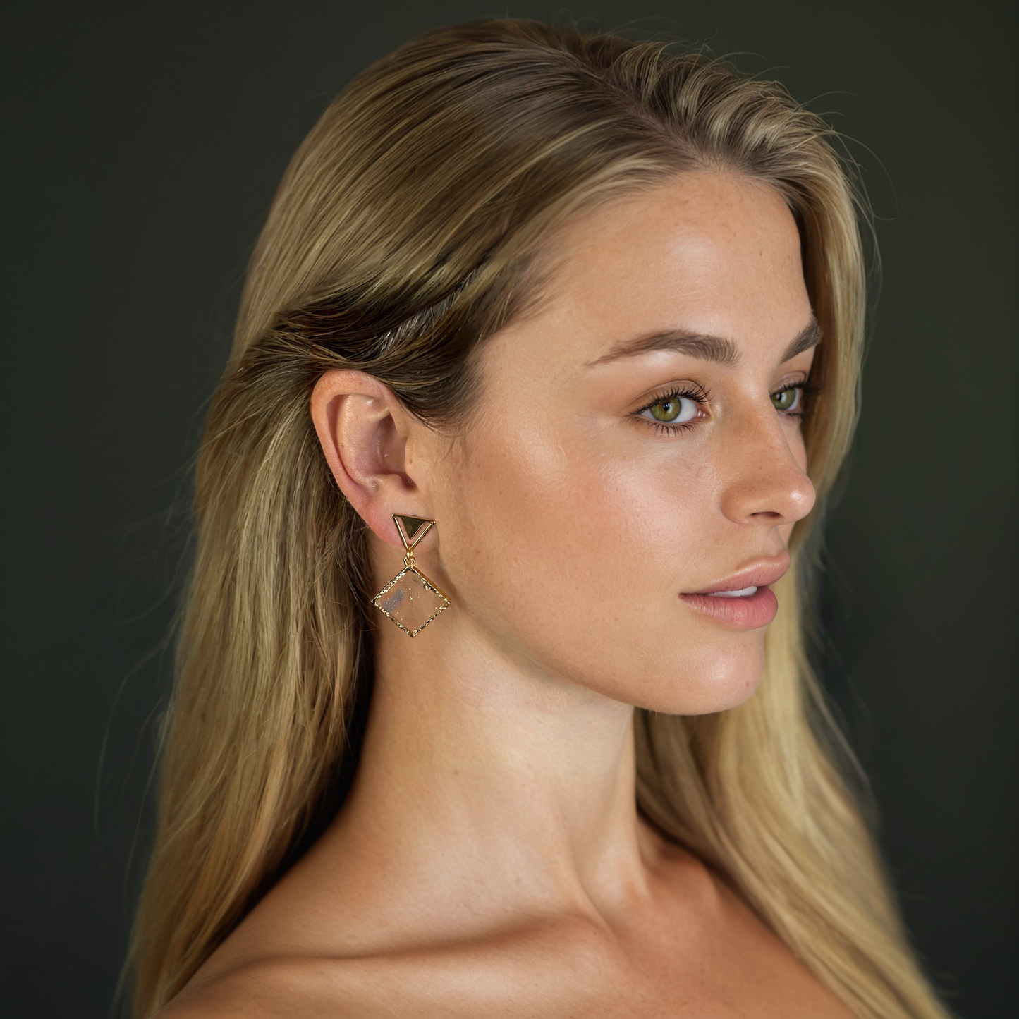 Golden Prism Drop Polymer Clay Earring - model pose