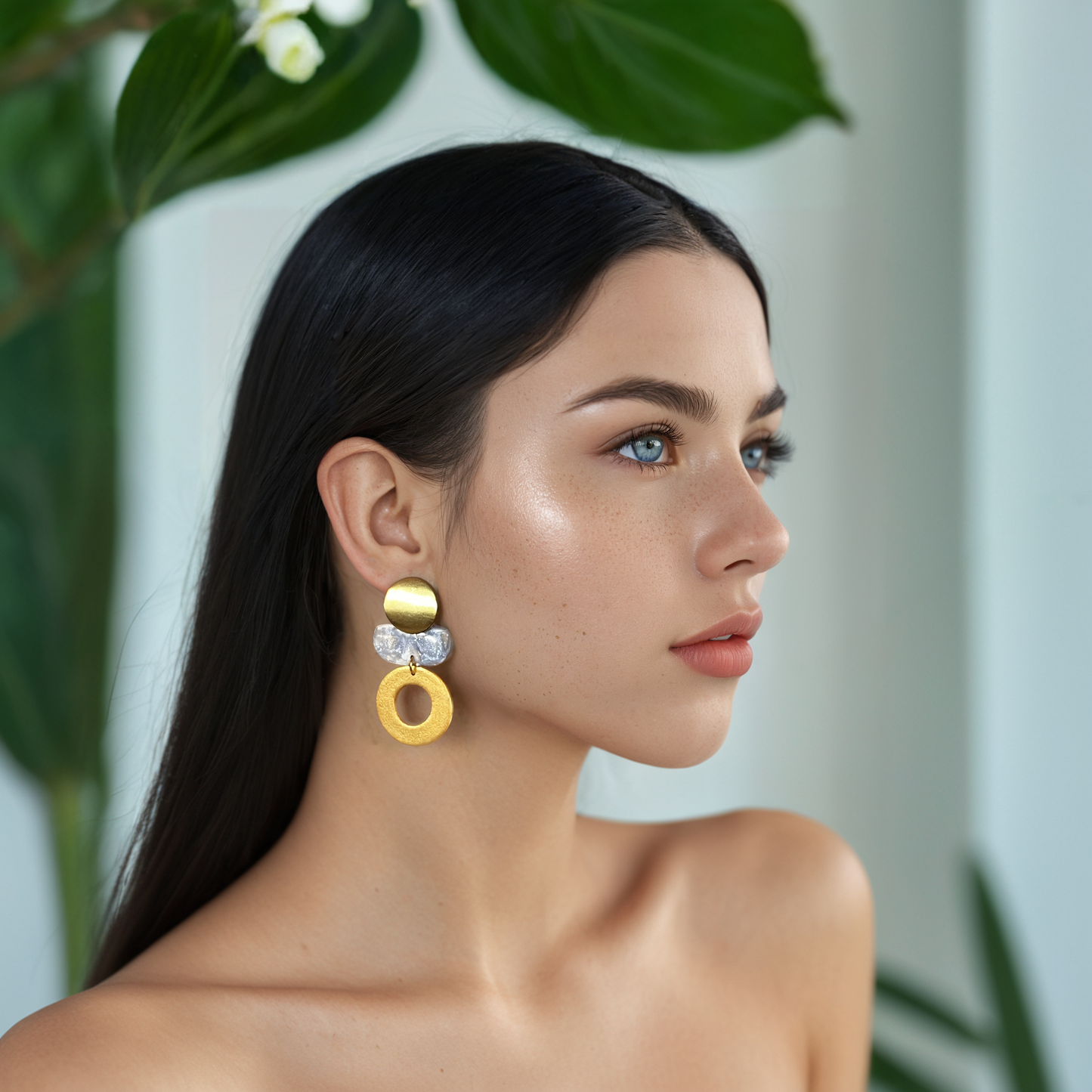 Golden Horizon Polymer Clay Earring - model pose