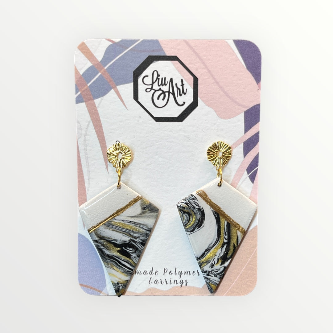 Gold Marble Diamond Polymer Clay Earring - front view