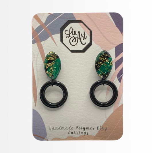 dangling-hoop-polymer-clay-earrings-emerald-orbit-front-view