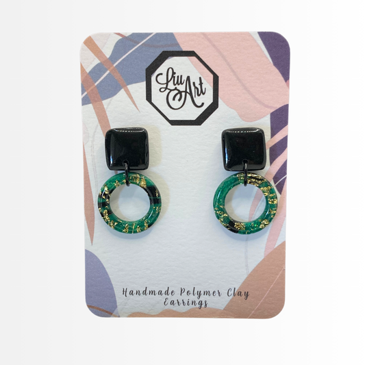 dangling-hoop-polymer-clay-earrings-emerald-noir-front-view