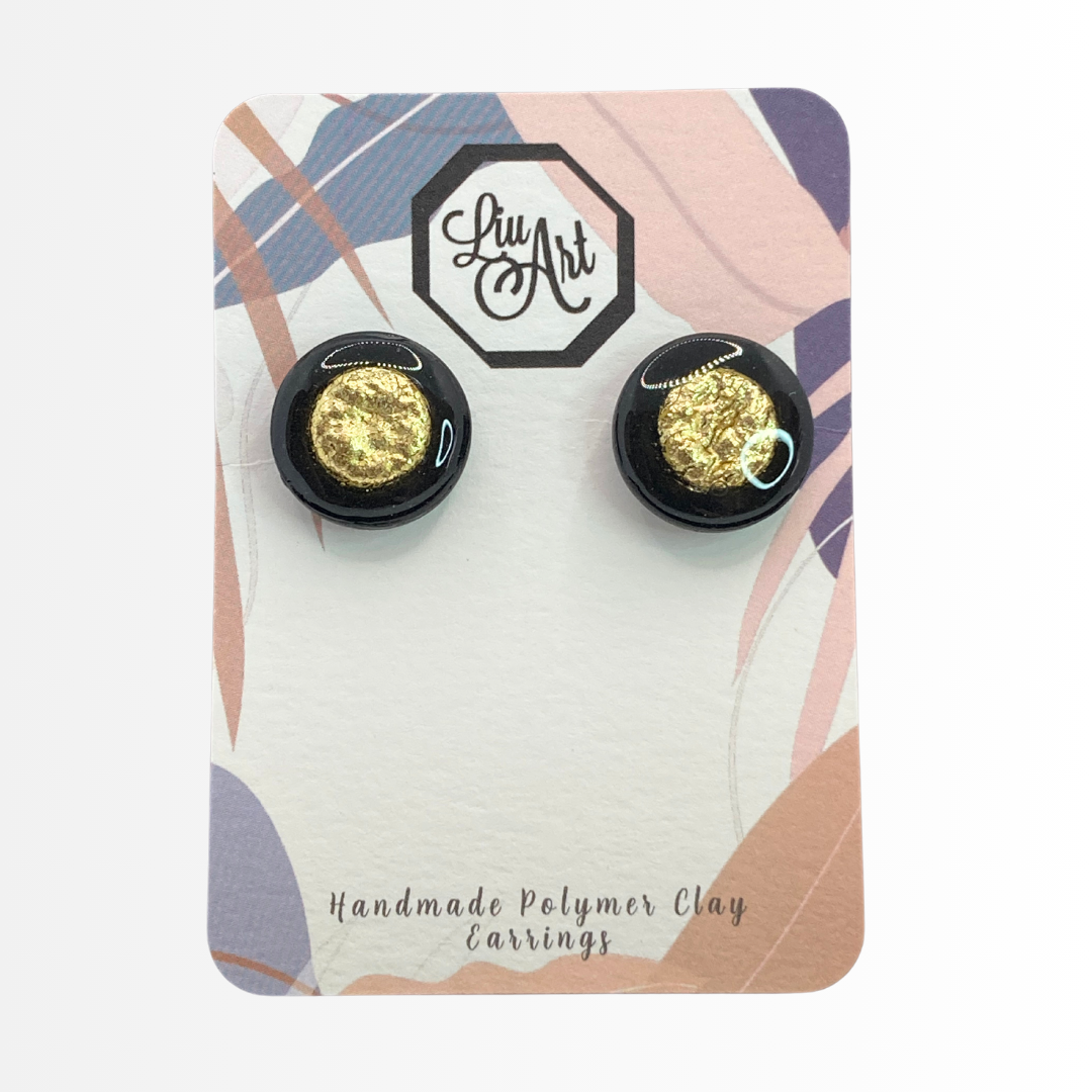 stud-polymer-clay-earrings-black-gold-eclipse-front-view