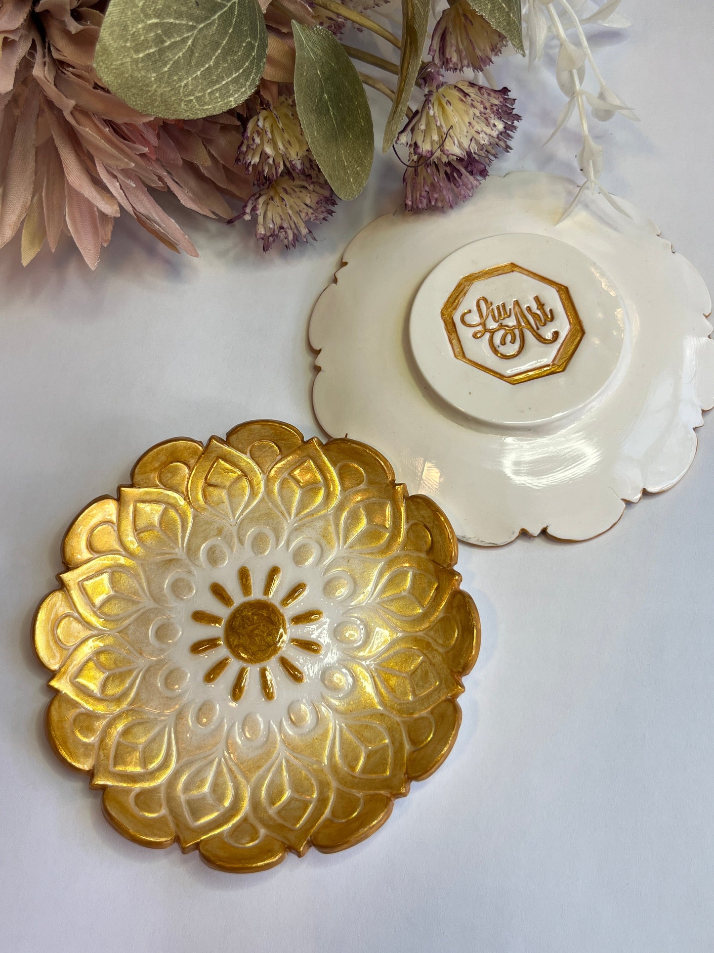 Polymer Clay White & Gold Lotus Trinket Dish