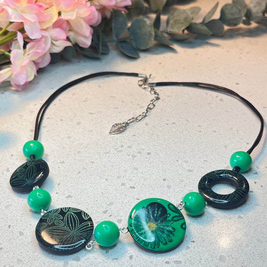 Polymer Clay Green Floral & Bead Necklace