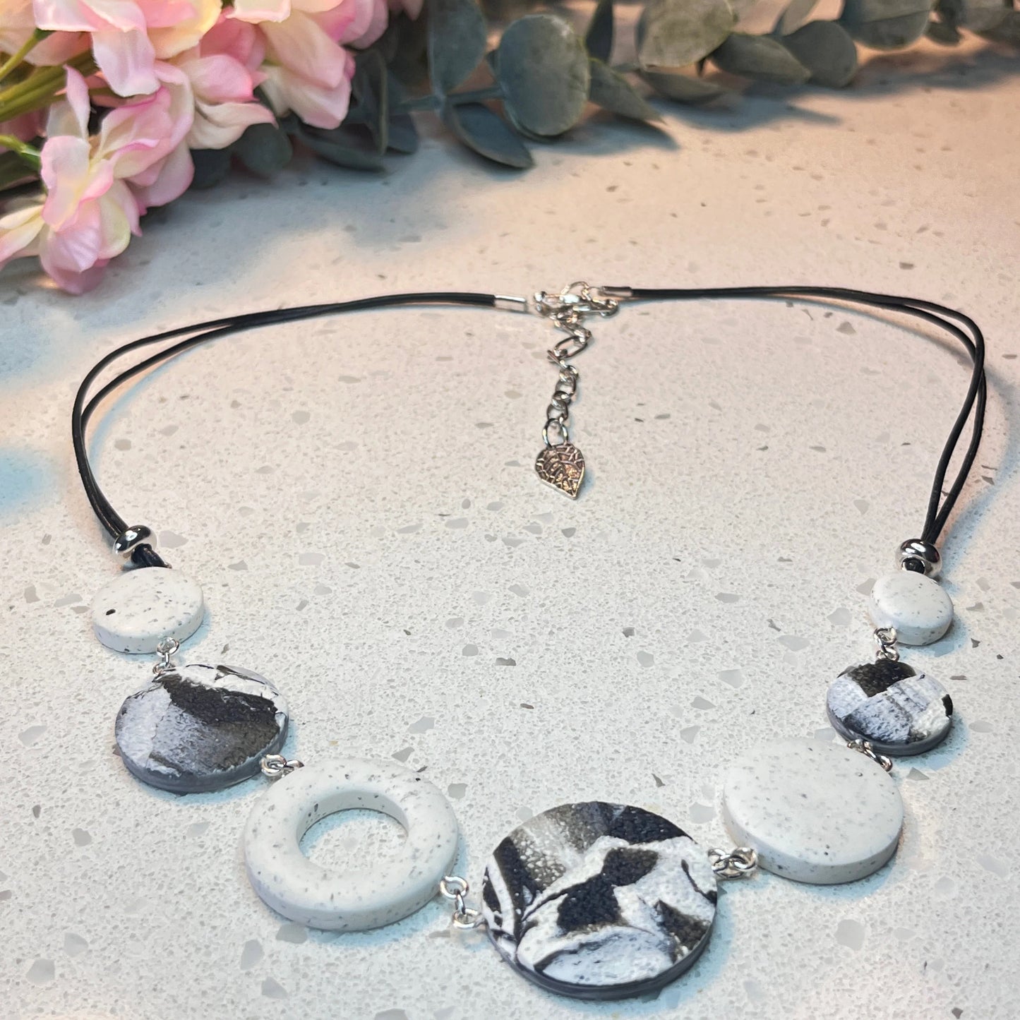 Polymer Clay Textured White & Charcoal Necklace