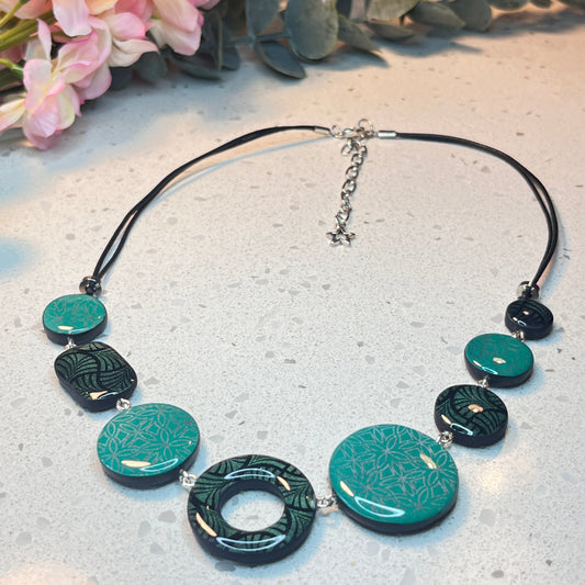 Polymer Clay Green & Black Patterned Necklace