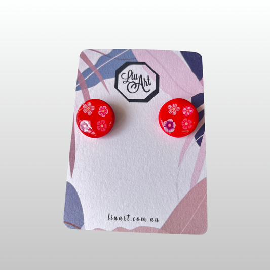 Polymer Clay Red Blossom Stud Earrings