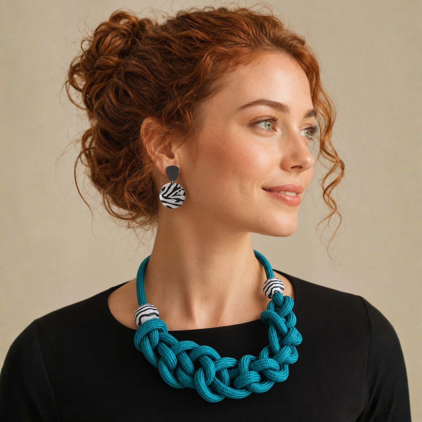 A woman with red hair in a messy bun wearing a chunky turquoise braided rope necklace and matching zebra-print earrings, set against a plain beige background.