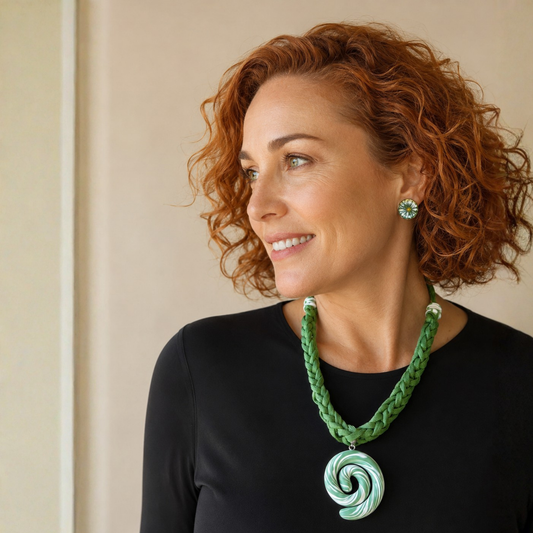 A smiling woman with curly red hair is shown in profile wearing a green braided pendant necklace with a light green spiral charm and matching green stud earrings, against a plain beige wall.