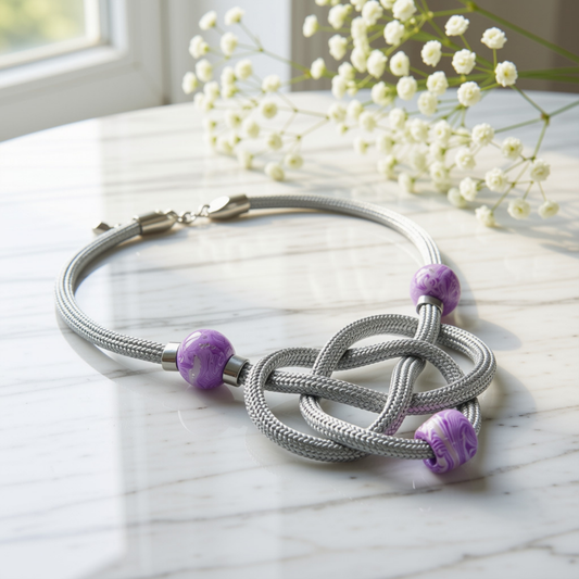 A silver-toned braided cord necklace with a knotted center and three purple marbled beads, displayed on a light marble surface with white baby's breath flowers in the background.