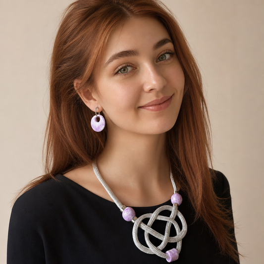 A woman with long auburn hair wearing a silver-toned knotted necklace with light purple beads and matching drop earrings, against a plain beige background.