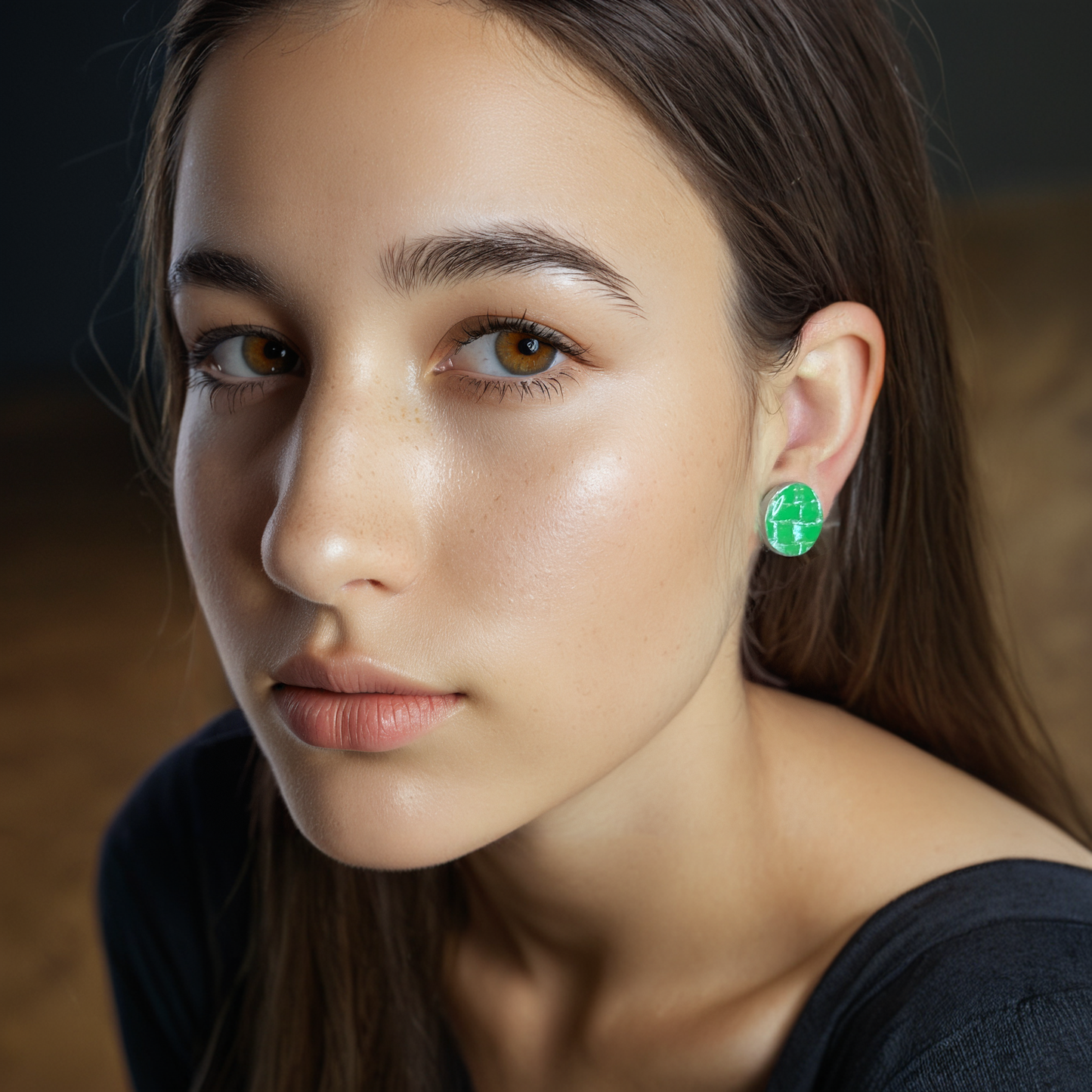 circle-stud-polymer-clay-earrings-green-model-view
