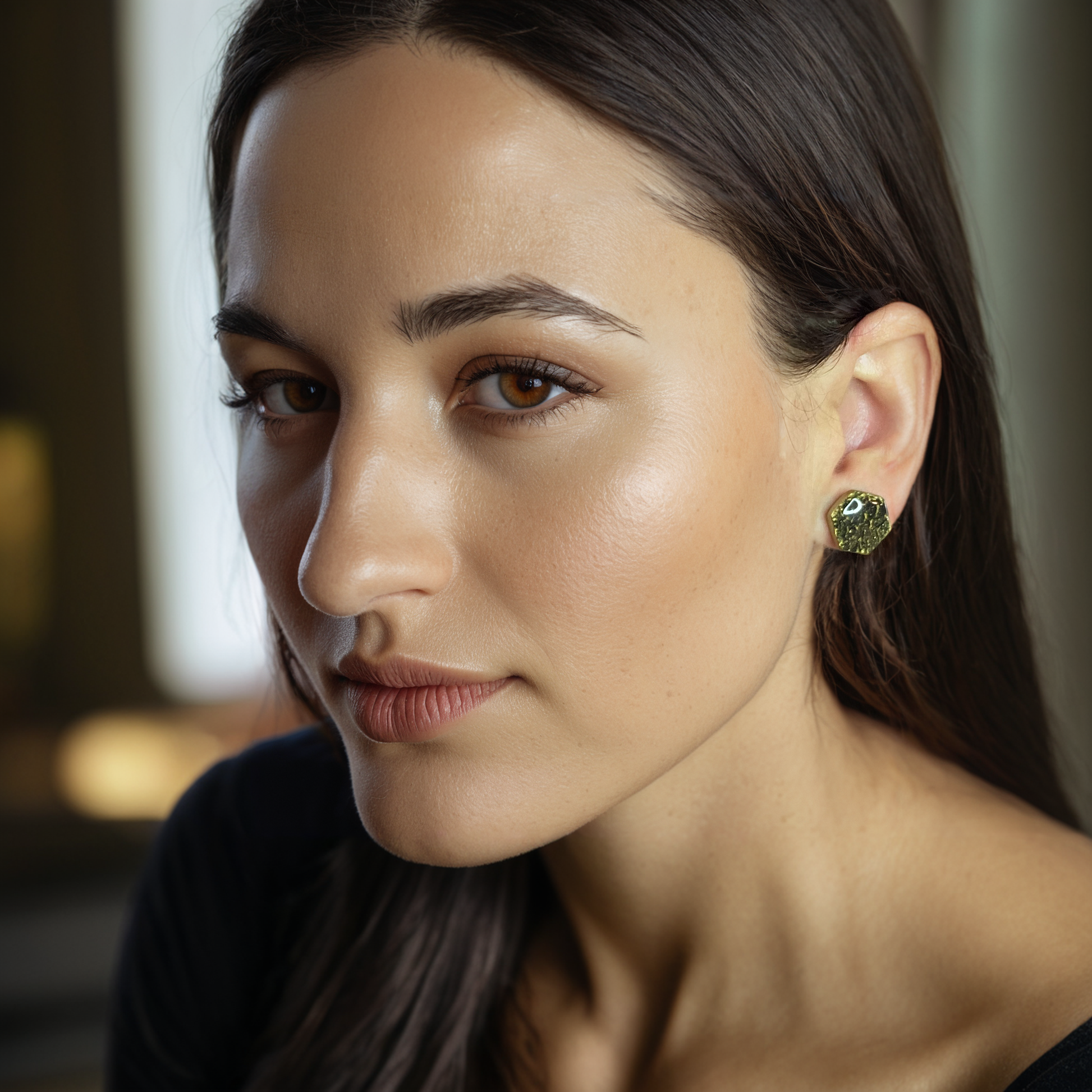 hex-stud-polymer-clay-earrings-black-model-view