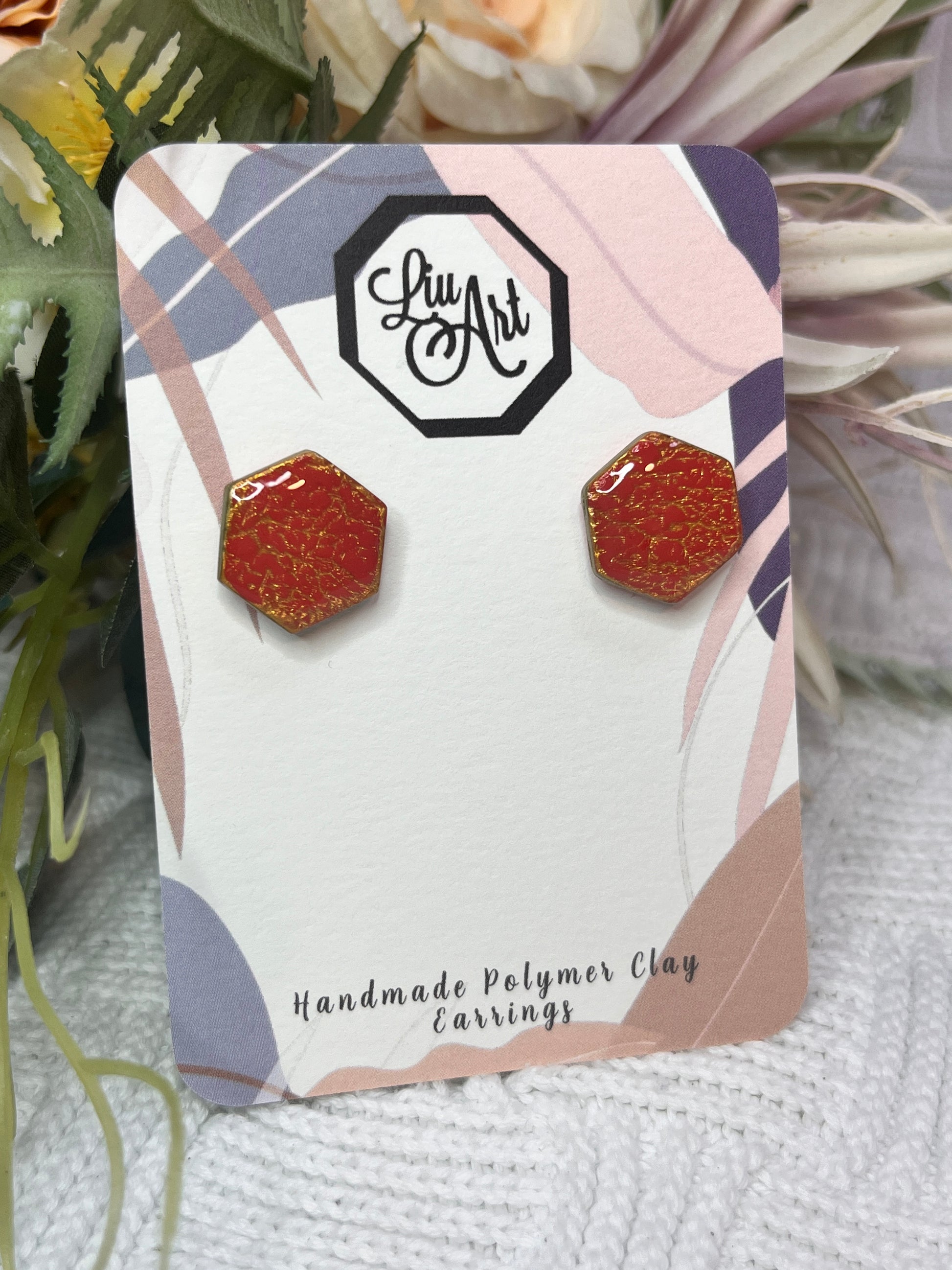 hex-stud-polymer-clay-earrings-red-perspective-view