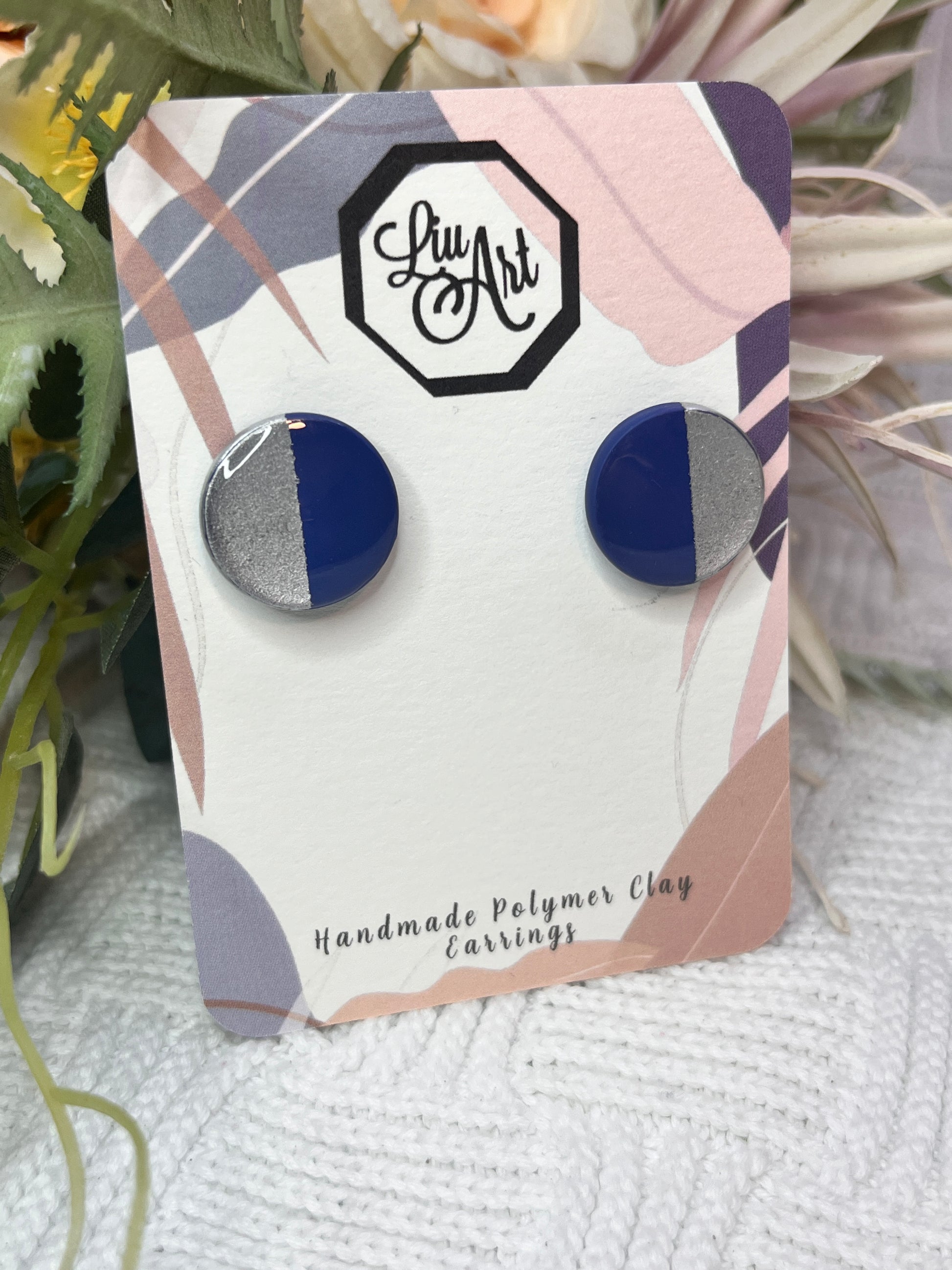 circle-stud-polymer-clay-earrings-navy-silver-perspective-view