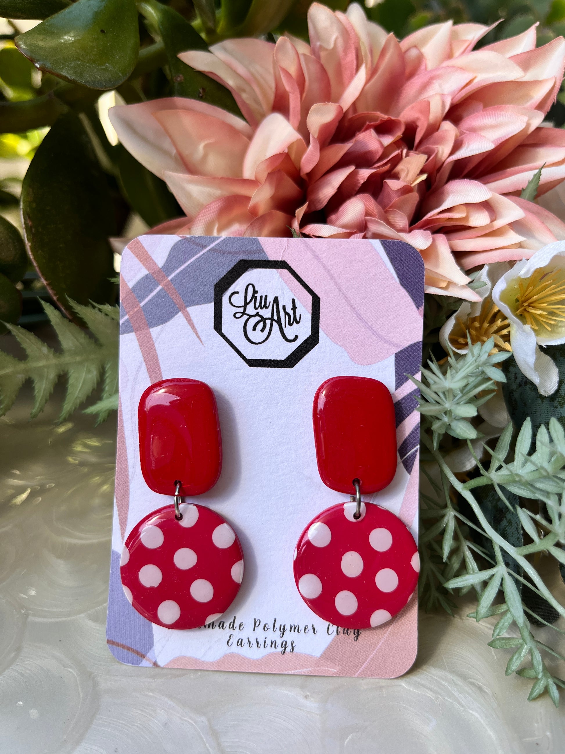 Red Vintage Polymer Clay Earring - front view 2