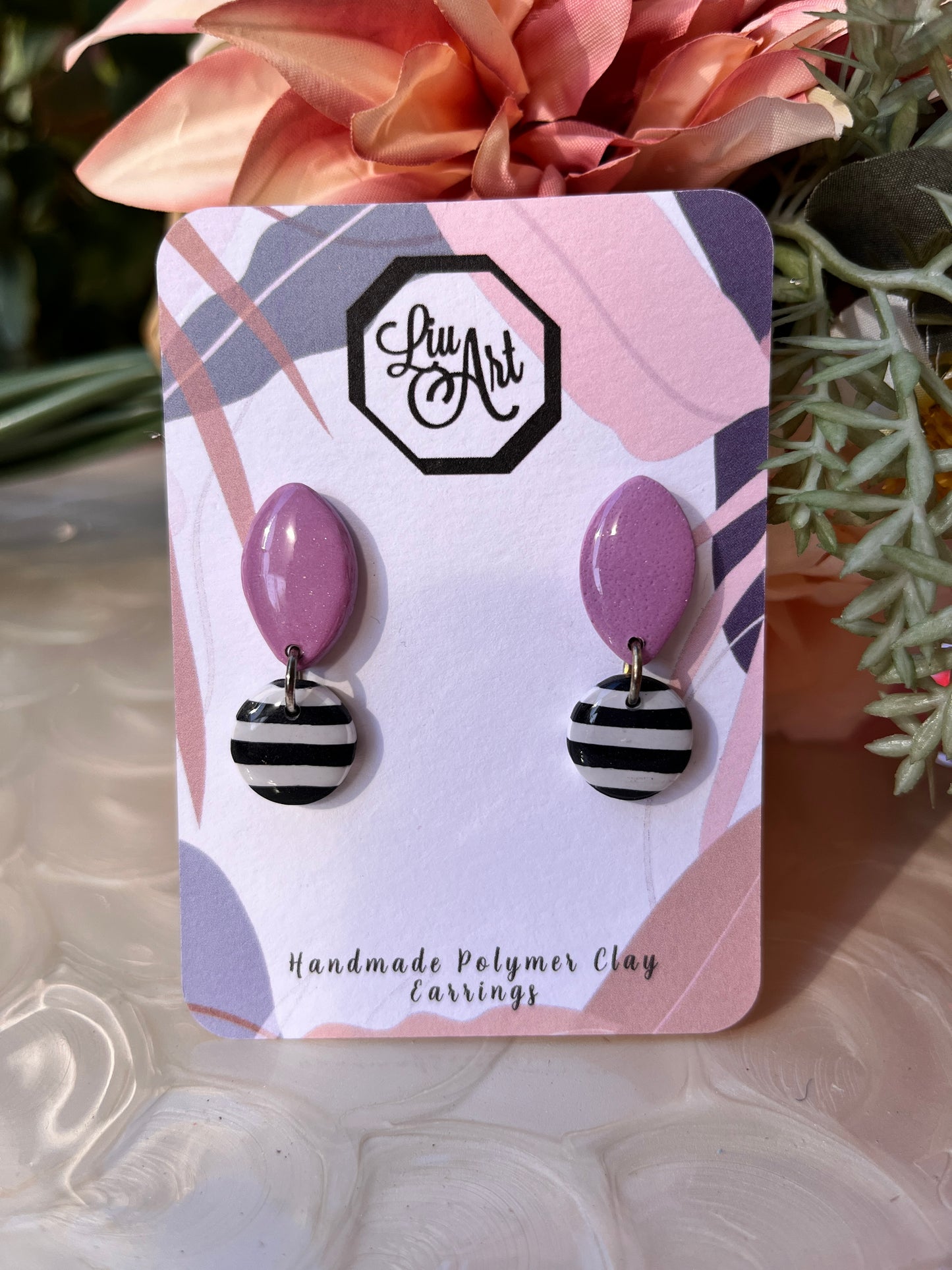 Teardrop with strips Polymer Clay Earring - front view 2