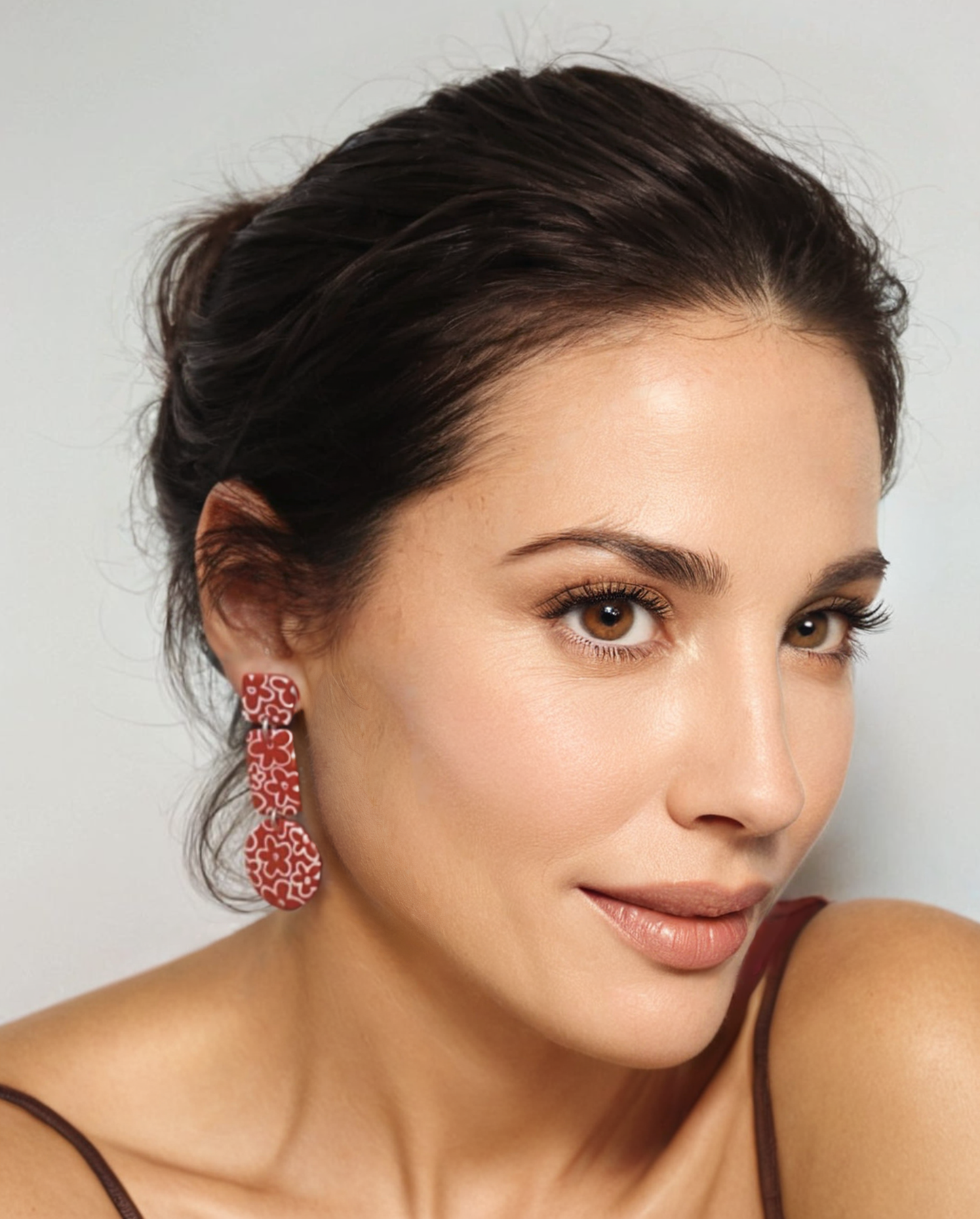 Red Floral Polymer Clay Earring - model pose