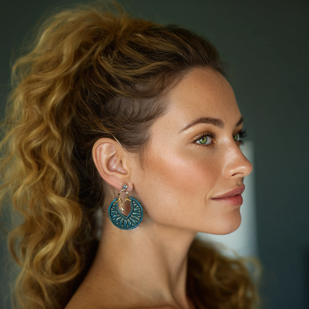 Teal Art Deco Polymer Clay Earring - model pose