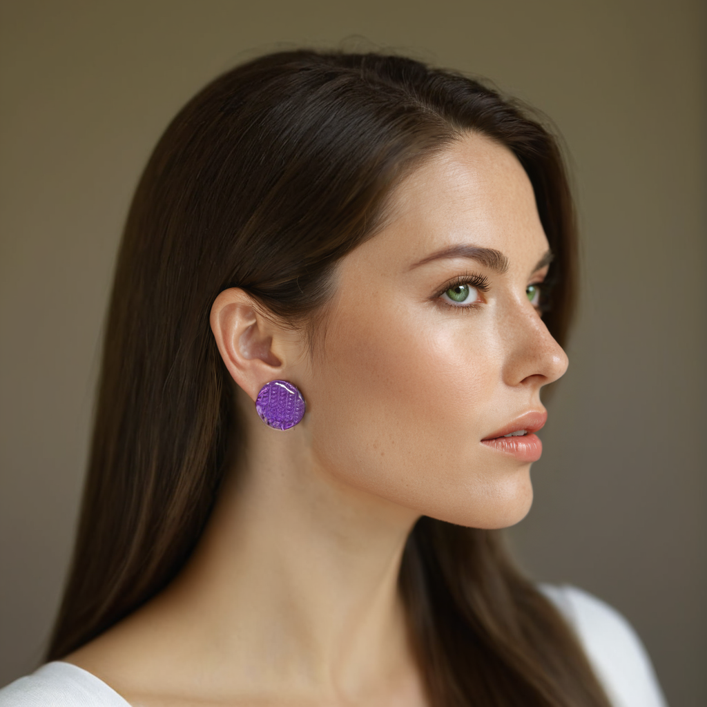 Lavender Knit Pattern Polymer Clay Earring - model pose