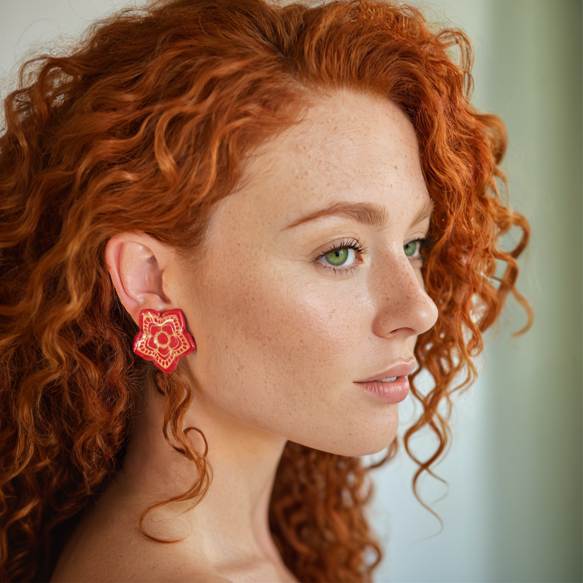 Red Star Floral Polymer Clay Earring - model pose