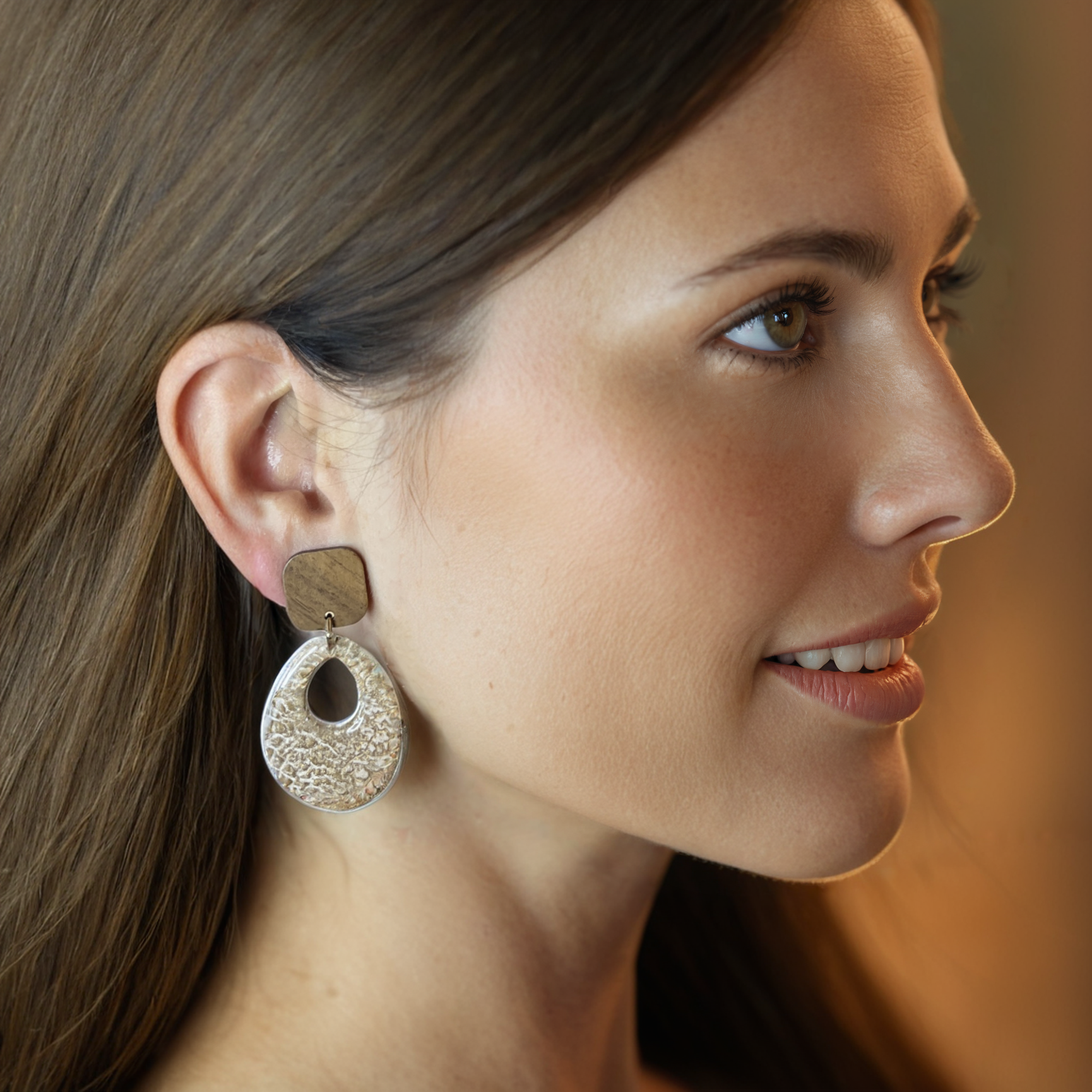 Earth tones Polymer Clay Earring - model pose