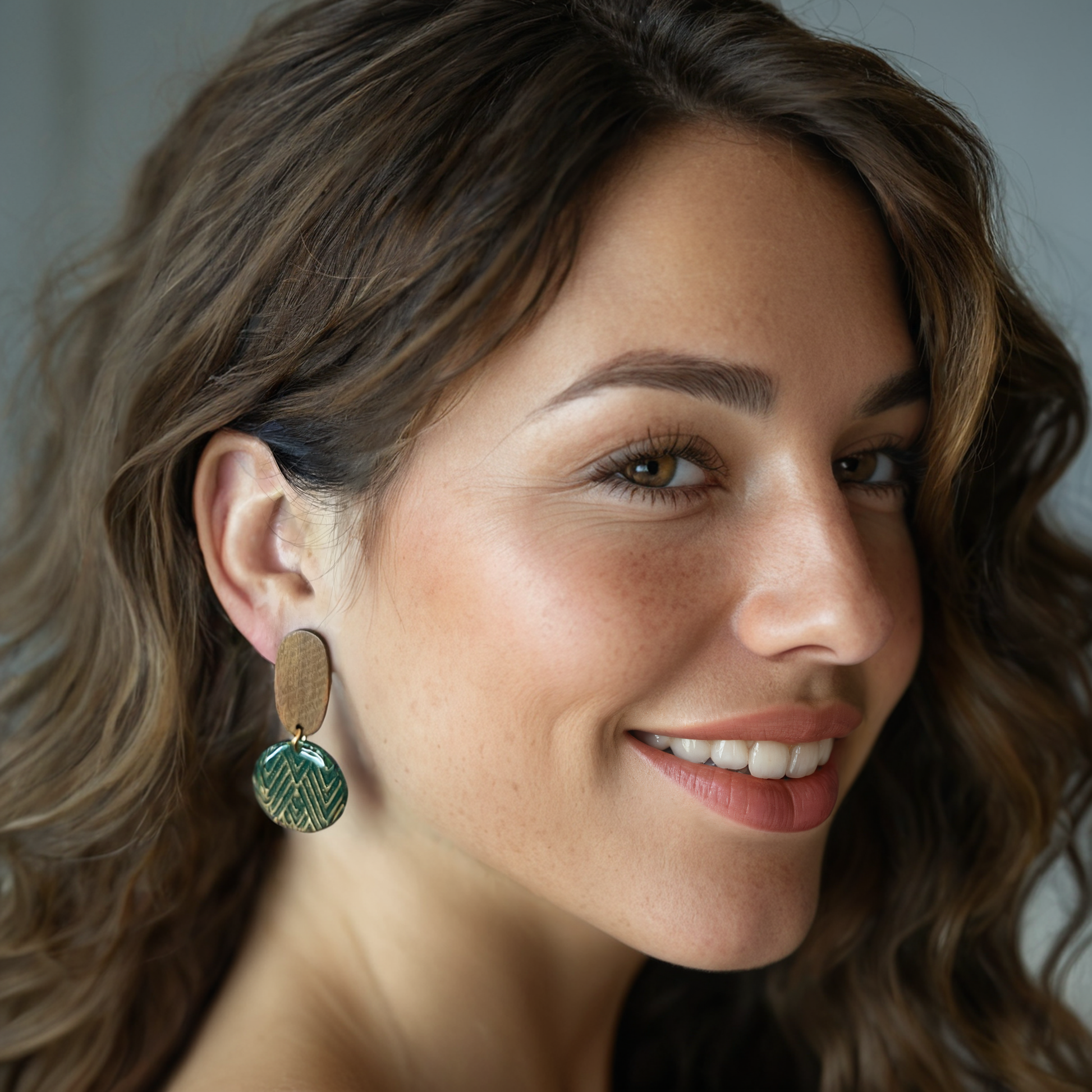 Nature Tones Polymer Clay Earring - model pose