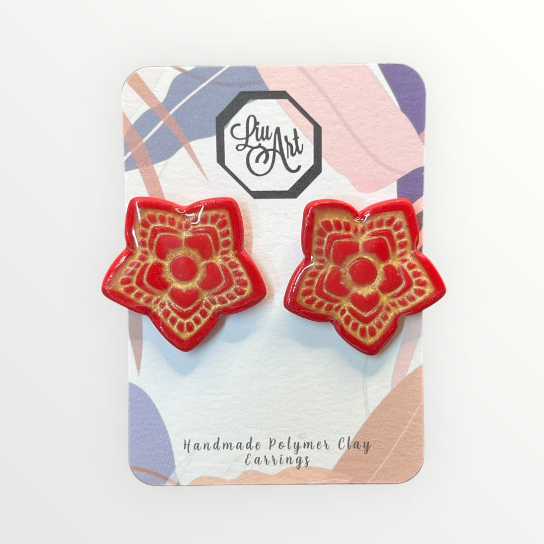Red Star Floral Polymer Clay Earring - front view