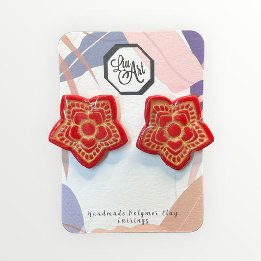 Red Star Floral Polymer Clay Earring - front view
