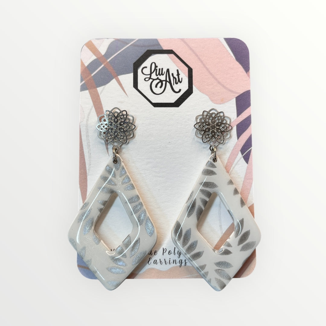 Silver Leaf White Diamond Polymer Clay Earring - front view