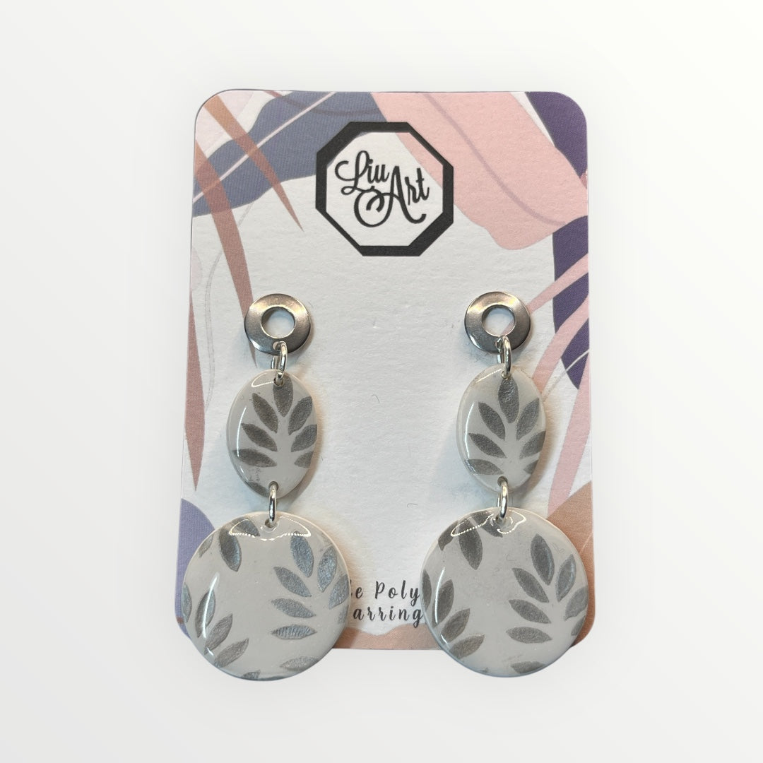 Silver Leaf in White Polymer Clay Earring - front view