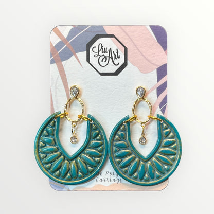 Teal Art Deco Polymer Clay Earring - front view