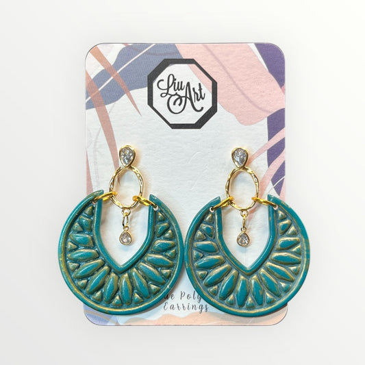 Teal Art Deco Polymer Clay Earring - front view
