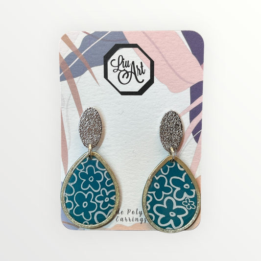 Blue Floral Teardrop Polymer Clay Earring - front view