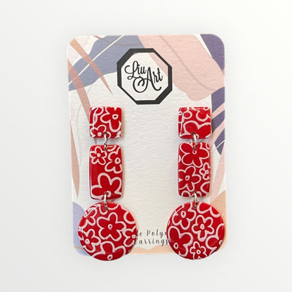 Red Floral Polymer Clay Earring - front view